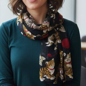 Cat Patterned Black Scarf